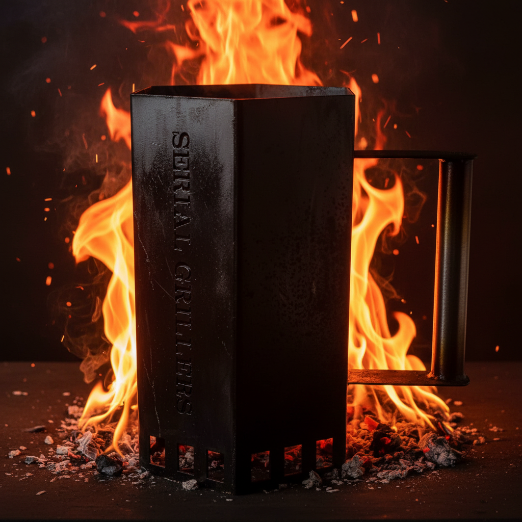 Serial Grillers Heavy Duty Charcoal Starter against a fiery background