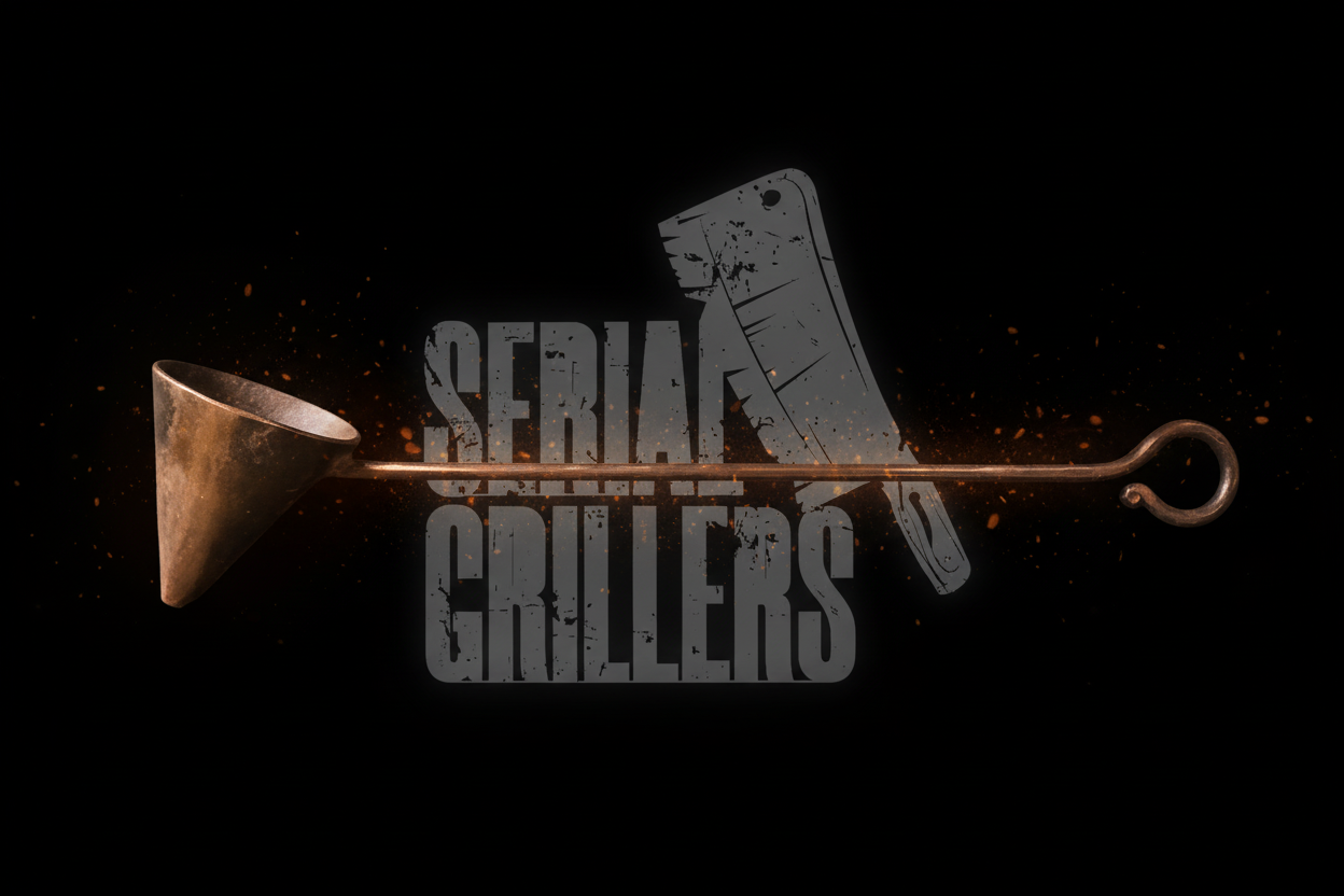 Heavy duty steel Flambadou with Serial Grillers branding and ember glow